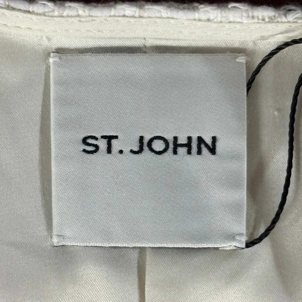 St John Tweed Knit Blazer Jacket Womens 14 Ecru‎ Ivory Fringe Beaded Luxury NWT